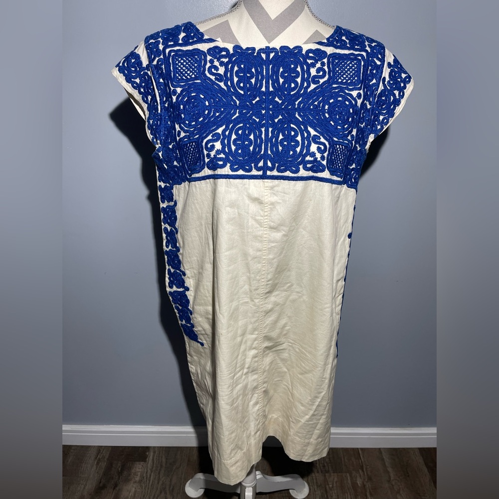 Madewell Blue and Cream Embroidered Dress